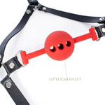 Leather Bdsm Headgear With Silicone Ball Gag, Strip Mouth Restraint Hood Slave Mouth Gag, Bondage Gear For Couples, Erotic Slave Play (Red Ball)