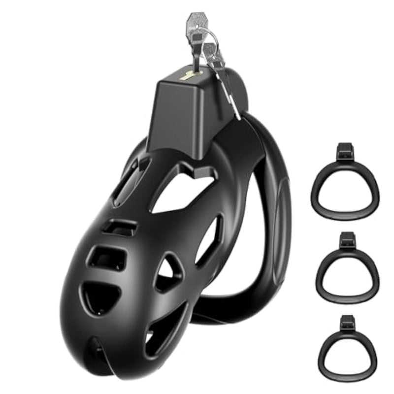 Large Chastity Cage for Men - Built-in Vertical Invisible Lock with 3 Size Base Rings & 2 Keys