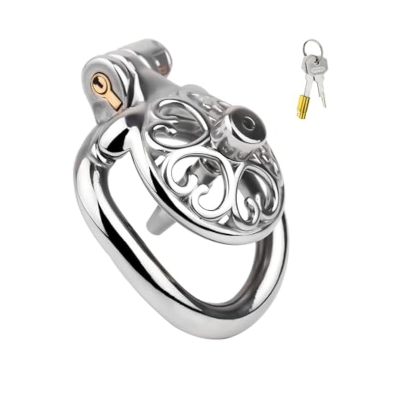Male Chastity Cage With Catheter And Urine Tray Steel Cock Cage With Heart Shaped Cage Body And Curved Rings Sex Toys Metal Chastity Device With Concealed Lock For Man Penis Restraints (1.96In,A)