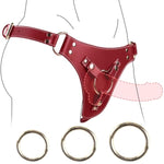 Strap On Dildo - Adult Sex Toys This Strap On Dildo Harness Is A Pure Pu Adjustable Leather Belt With Three Metal O-Rings To Adapt To Various Sizes Suitable For Couples, Lesbians, Gays Or Other(Red)