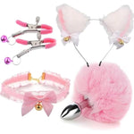 AOBRZHAU 4 Pcs Cat Ears and Wolf Fox Animal Tail Cosplay Set,Handmade Faux Fur Hair Clip Headdress, Halloween Leather Choker, Plush Ears for Women, Perfect for Cosplay and Party?PINK2?