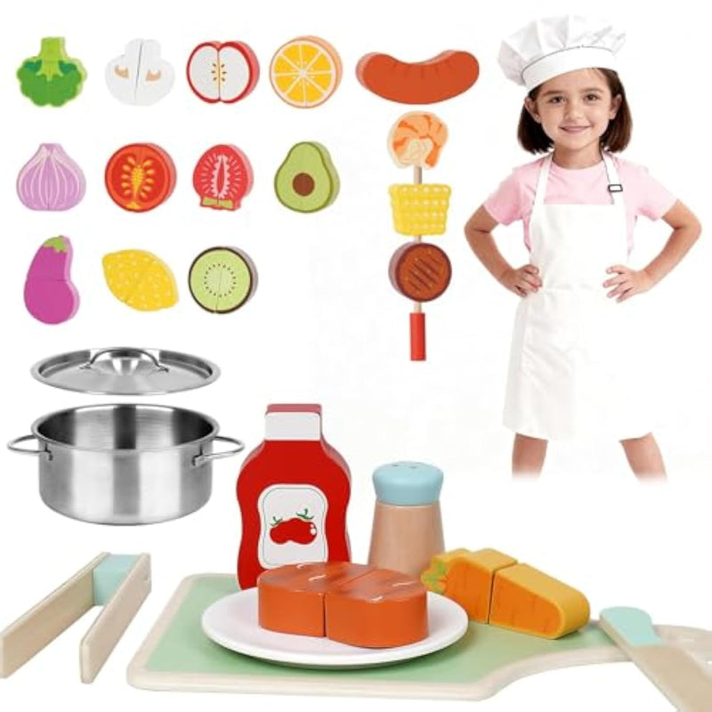 Wooden Play Food Set For Toddlers,Cutting Food For Preschool Activities, Pretend Play Kitchen Accessories For Kids, Fake Food Kitchen Toys For Boys & Girls