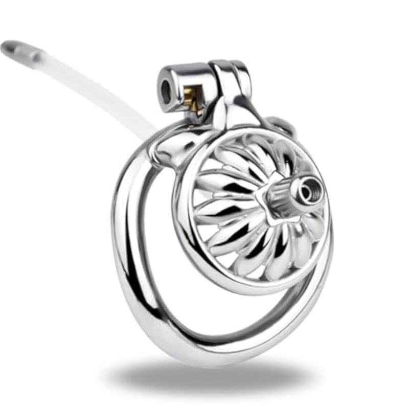 Male Chastity Cage, Mini Chastity Device, Metal Flat Chastity Cage, Breathable Design With Soft Silicone Urinary Catheter, Can Be Worn For A Long Time, Suitable For Male Bdsm Restraint?50Mm Ring?