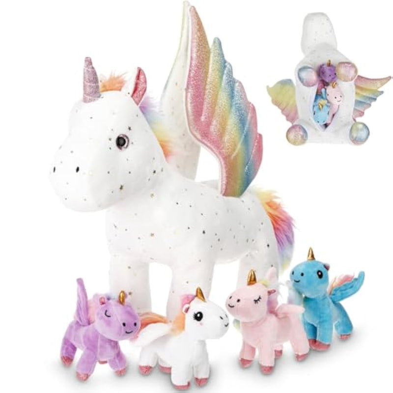 5 Pcs Fly Unicorns Plush Toy Gift Set 15.7" Mom Unicorns With 4 Cute Babies Stuffed Animal In Zippered Back Nurturing Plushies Toy Set For Kid Adults Birthday Party Favors Gifts