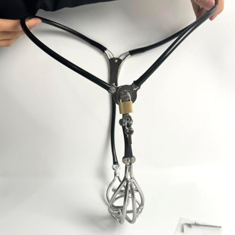 Male Invisible Chastity Belt Cage Stainless Steel Sexy Underwear Adjustable Device Hollow Bondage Sex Toy With Hole Bdsm (Black, 90-110Cm)