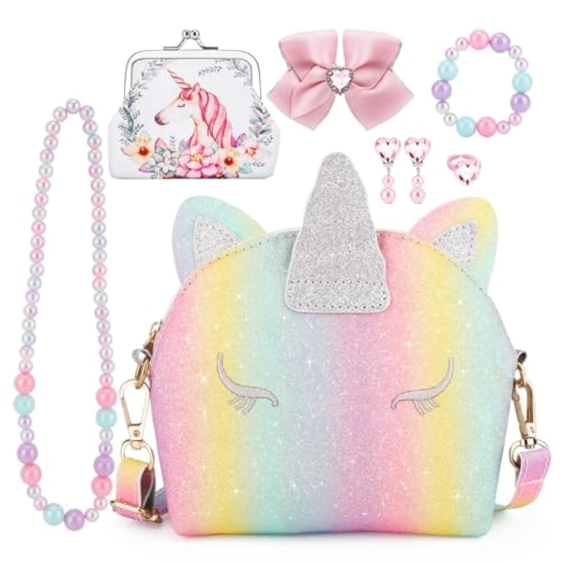 7Pcs Toddler Purse For Girl, Girls Wallet With Pretend Play Toys, Princess Toys With Kids Dress Up Jewelry Set (Rainbow Unicorn)