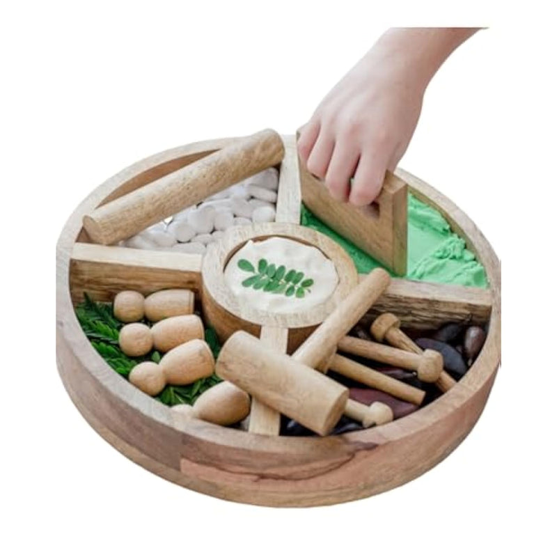 Wooden Tinker Tray & Pounding Set – Montessori Sensory Play Tray With Peg Dolls, Wooden Nails, Hammer & Playdough Tools For Fine Motor & Imaginative Play