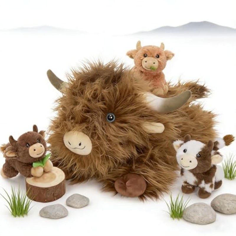 Highland Cow Stuffed Animal With Baby Calves Inside Belly,20'' Mommy Brown Highland Cow Gift For Kid Girl Boy Hyland Cattle Pillow, Cute Farm/Wildlife Stuffed Animals For Birthday Party Decor