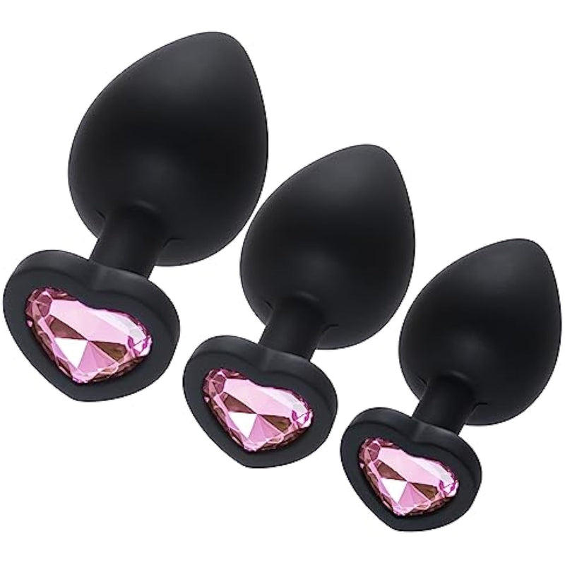 3 Pcs 3 Sizes Silicone Anal Plugs, Jeweled Butt Plug, Anal Trainer Toys, Heart Butt Plugs, Pink