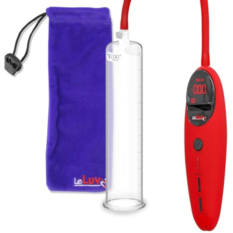 Red Magna Pro+ Electric Penis Pump - 9" Length X 2.00" Diameter Round Flange Cylinder - Lcd Smart Handheld Usb Rechargeable Untapered Acrylic Quick-Disconnect
