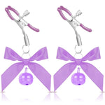 2Pcs Body Jewelry Non Piercing, Adjustable Nipple Clamps For Adult, Stainless Steel Bow Nipples Clips With Bell, Pressure Nipples Clamps With Chain, Purple Nipple Jewelry For Adults