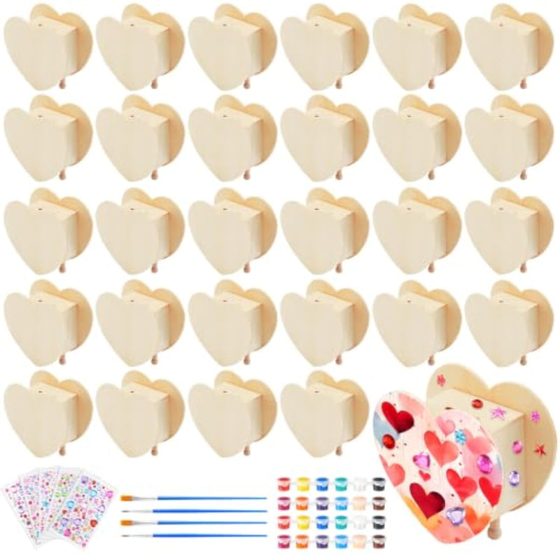 24 Pcs DIY Wooden Heart Piggy Bank Kits with Paints, Brushes & Gem Stickers