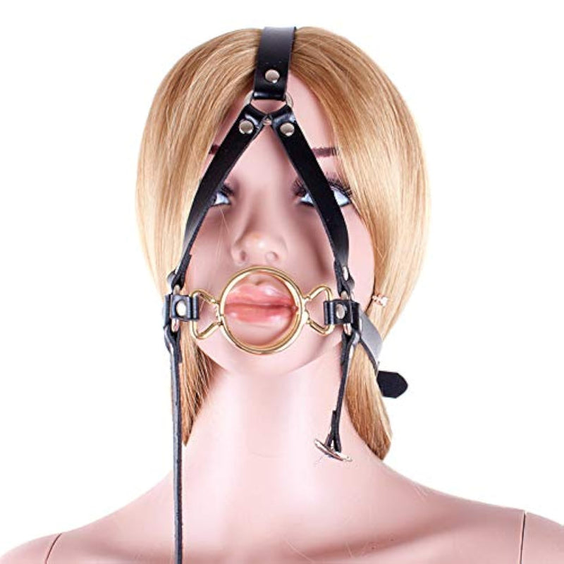 Double O-Ring Open Mouth Gag Head Harness Bondage Forced Open Mouth Slave Couples Role Playing Sex Toy Bdsm (Golden)