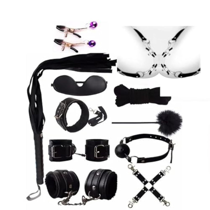 11Pcs Bdsm Kit Toys Sex Bondage Restraints, Labia & Nipple Clamps Blindfold Handcuffs Collar Paddle Sex Toys For Couple Black