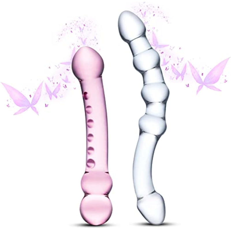 2-Piece Crystal Pink And Clear Glass Dildo Set - Double-Ended Curved Anal Plug And Beads With Handles For Easy G-Spot And P-Spot Stimulation - Sex Toys For Adult Men And Women