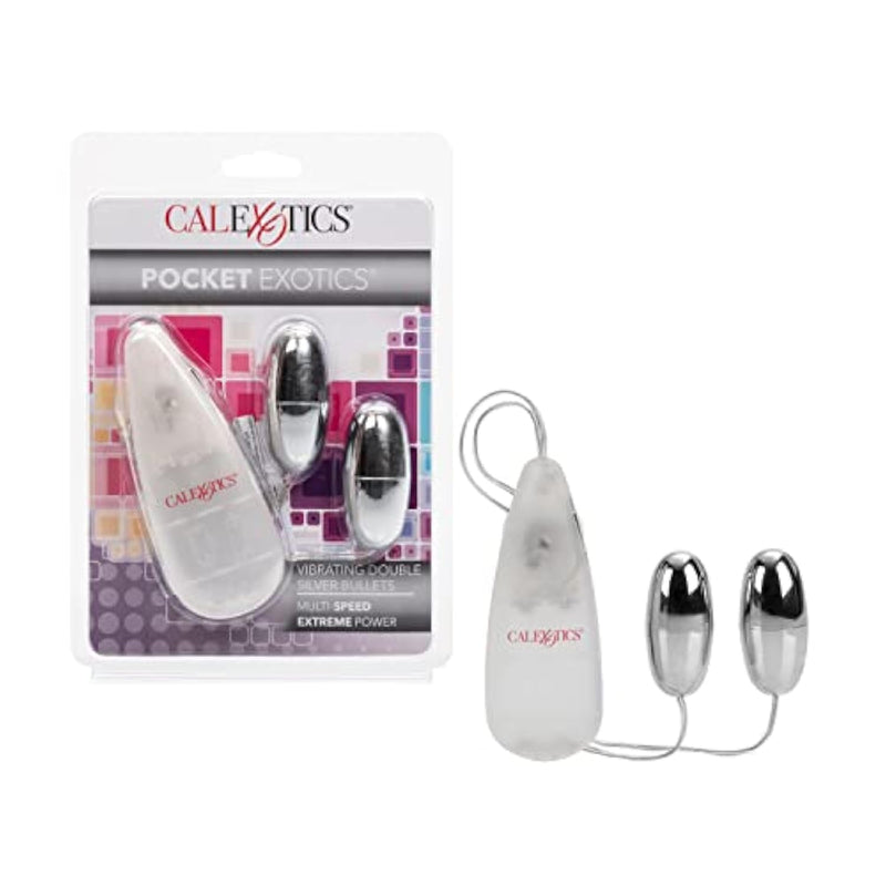 Pocket Exotics Wired Remote Double Bullet Vibrator - Sex Toys For Couples - Adult Vibe Eggs Massager - Silver