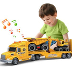 Toddler Boy Toys For 3 4 5 6 7 Years Kids, 27" Semi Construction Carrier Truck Toy With Excavator And Dump Truck, Friction Powered Toys With Lights And Sounds, Birthday For Boy Girls