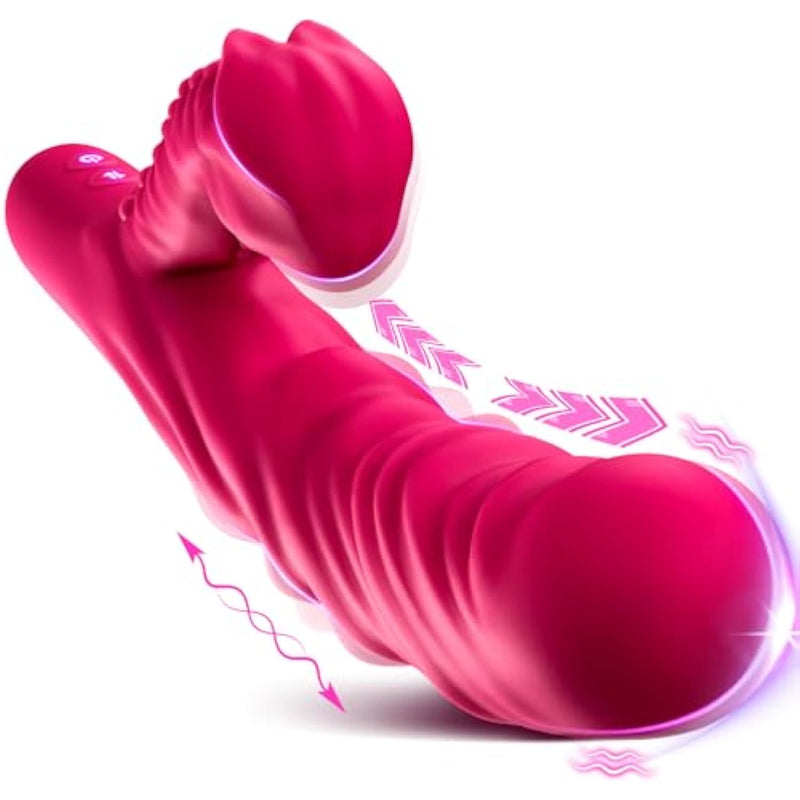 Thrusting Vibrator Sex Toys-G Spot Dildo Clitoral Vibrator With 8 Thrusting & 8 Slap Vibrators Female Tools Clit Stimulator Rabbit Vibrater Sex Toy For Adult Women & Couple Games?Rose Red?