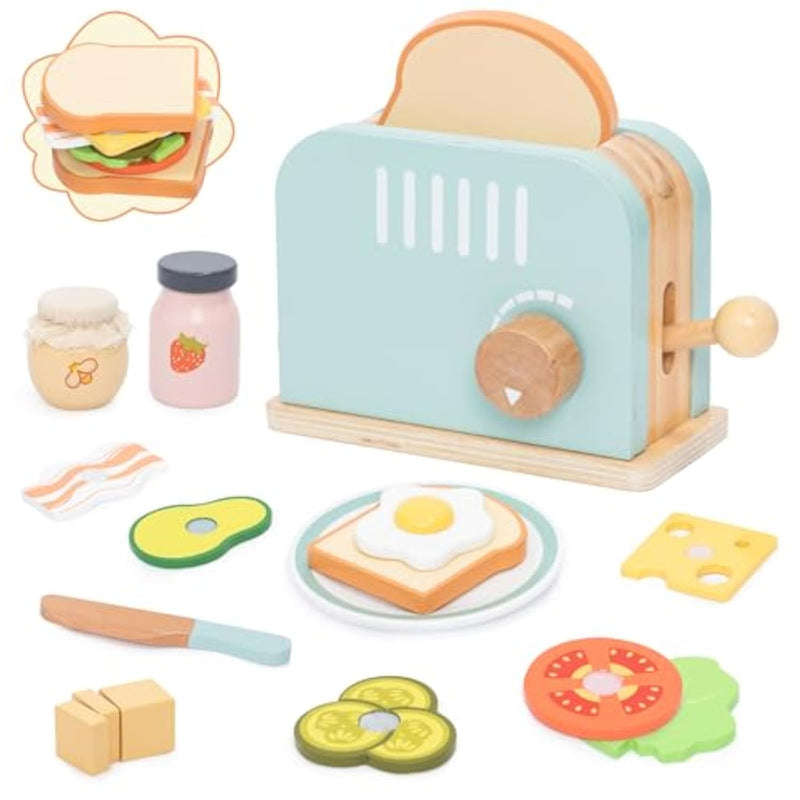 Wooden Pop Up Toaster Play Kitchen Set, 17Pcs Play Food Accessories For Toddlers Early Learning,Pretend Play Breakfast Playset, Toys Gift For Toddlers Girls & Boys