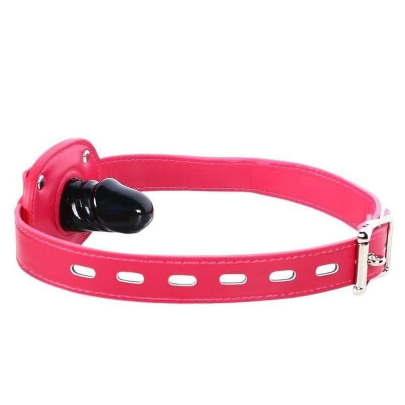 Black BDSM Penis Gag with Adjustable Pink Faux Leather Strap for Bondage and Kinky Play