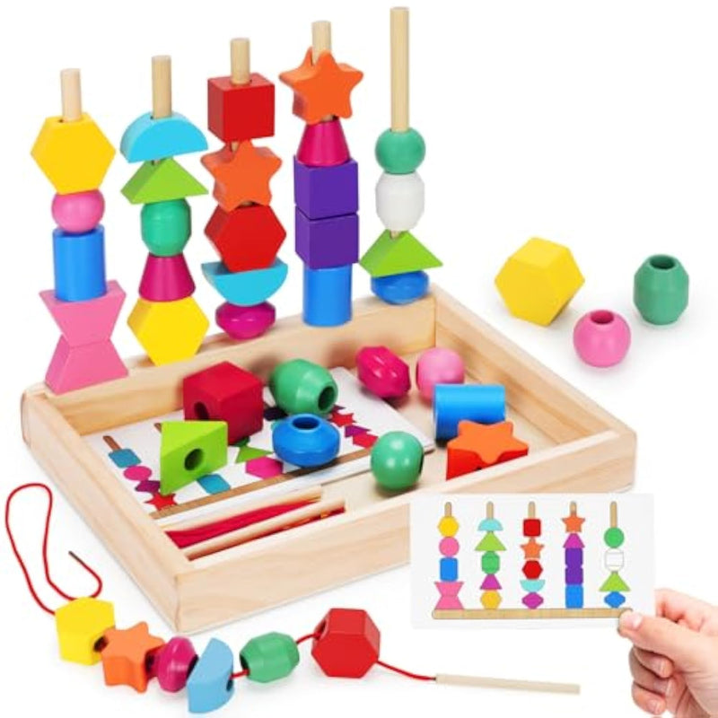 Montessori Wooden Lacing Beads Toys For 3 4 Year Old Toddler Kids, Sequencing & Stacking Block Toy With Storage Box, Stem Preschool Learning Toys, Christmas Birthday Gifts For Boys Girls