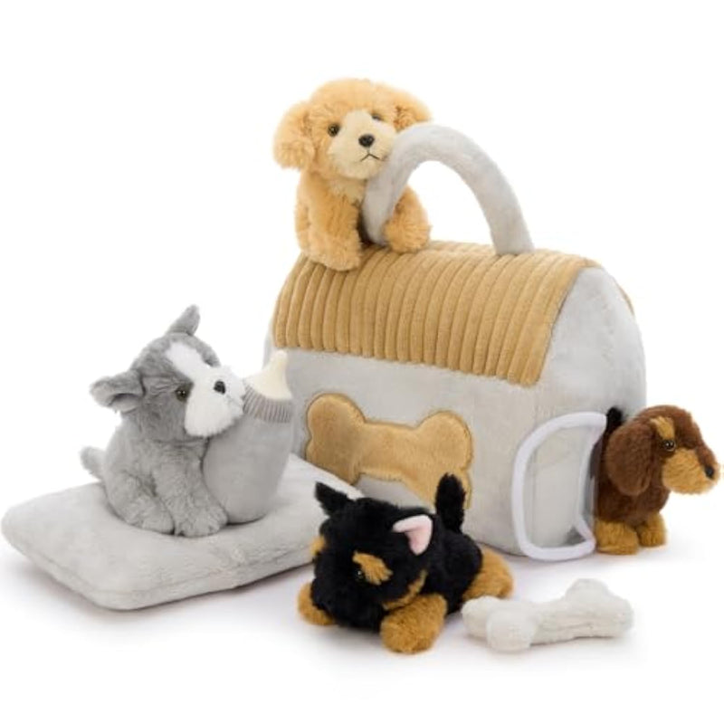 8-Piece Dog House Plush Set, 9.8 Inch Plush Dog House Set With Cute 4 Puppies, Magic Gate, Bottle, Bed Pad & Bone, Interactive Pet Toy For Kids
