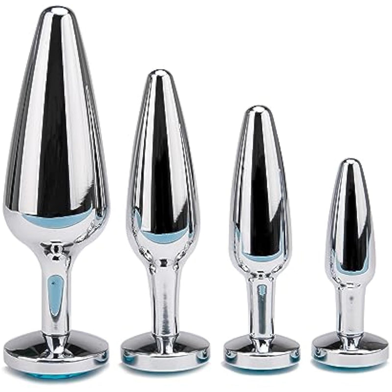 4 Pcs Metal Silvery Butt Plug Set With Round Jewelry Base Adult Sex Sm Toys Smooth Metal Anal Plug Kit For Couple(A)