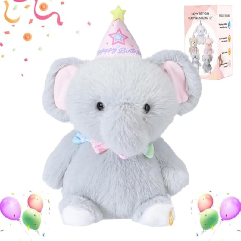 Happy Birthday Interactive Elephant, Musical Birthday Stuffed Animal Recording Mimicking Toy, Clapping Activates Singing Dancing Shaking, Cute Elephant Plush Gifts For Kids Girls Boys