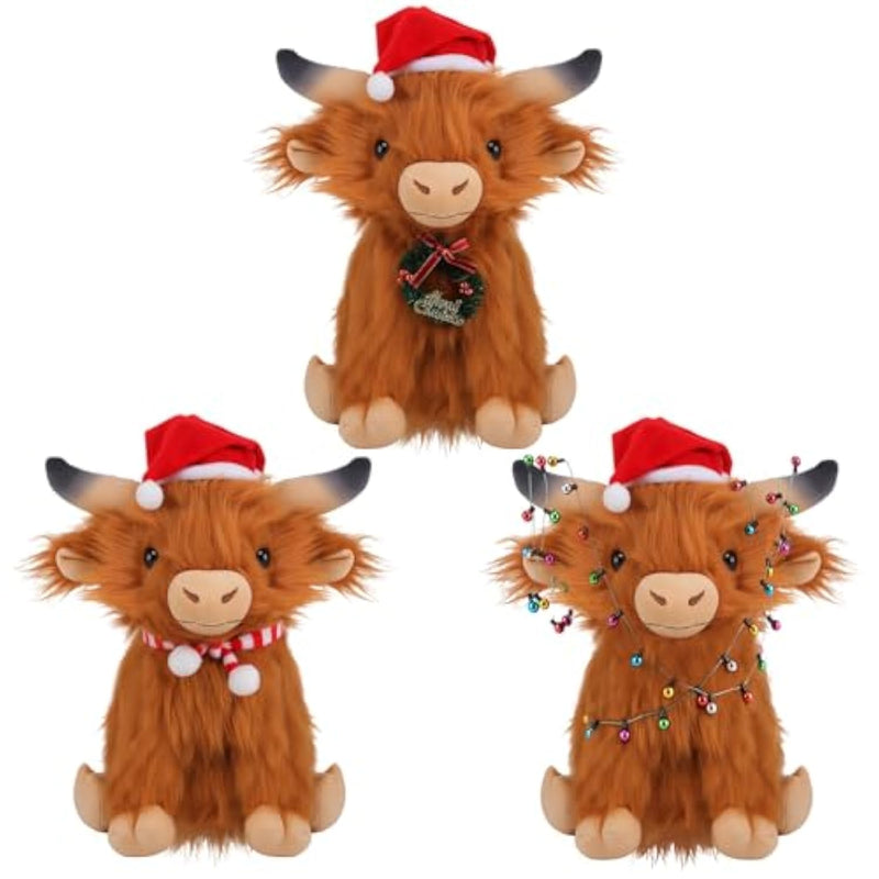 3 Pcs Christmas Highland Cows Stuffed Animal 11Inch Scottish Highland Cows Plush Christmas Cute Cattle Plush With Santa Hat And Scarf For Stocking Xmas Birthday Present Holiday Decor