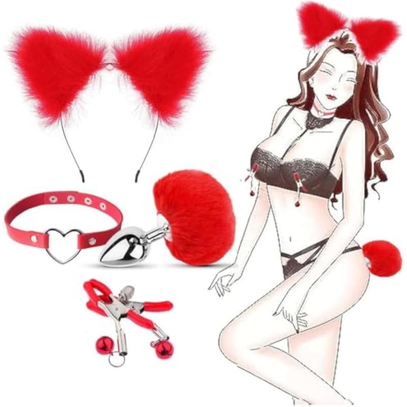 Restraint Set Sex Toy Anal Plug With Bunny Tail Plush Cat Ears Collar Nipple Clamps Sm Butt Plug Anal Toys Cosplay Sex Toy Kit For Women Men Set Of 4 Pcs
