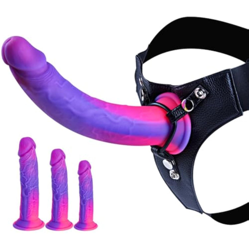 Silicone Realistic Strap On Fantasy Dildo, Wearable Strapon Harness With 3 Pcs Monster Anal Dildo With Suction Cup Lesbian Toy, 7 Inch 8 Inch 9 Inch Beginner Purple Dildos Sex Toy For Women Couples
