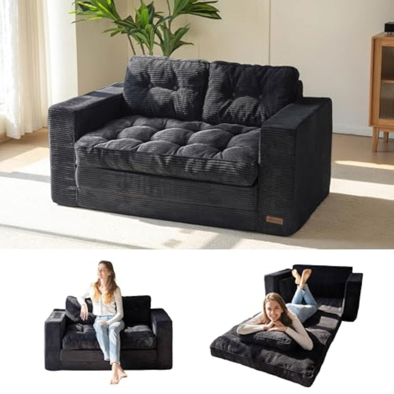 Convertible Sofa Bed, Pull Out Loveseat Sleeper Sofa, 2 In 1 Folding Couch Bed, Fold Out Floor Couch With Pillows For Living Room Bedroom Lounge, Black