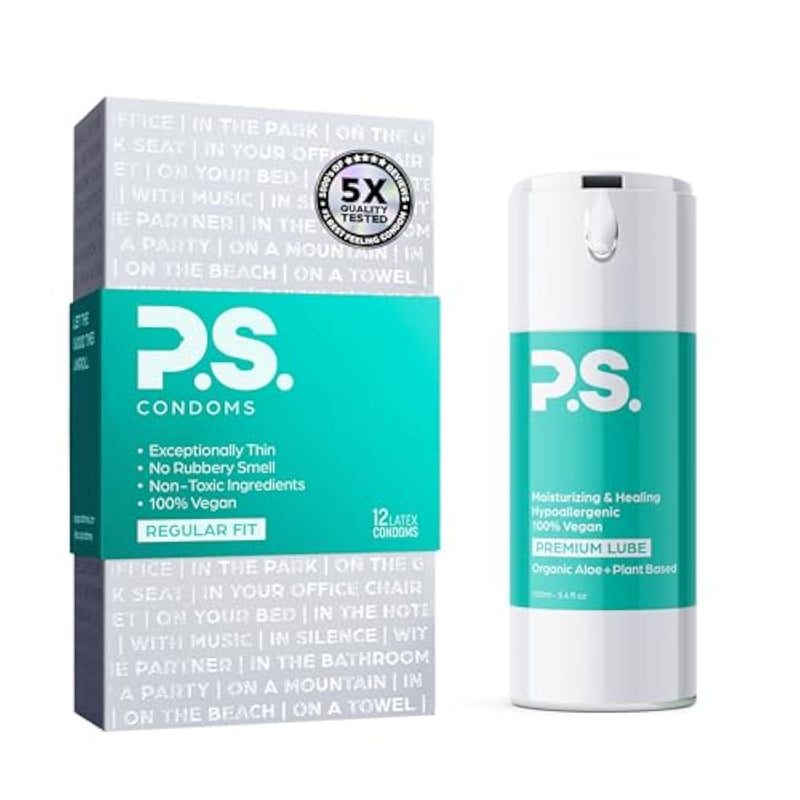 Ultra Thin Condoms & Personal Lubricant Bundle - 12 Pack Lubricated, Odorless Latex Condoms - 100Ml Bottle Organic Aloe & Plant Based Lube - All Natural, Ph Balanced, & 100% Vegan
