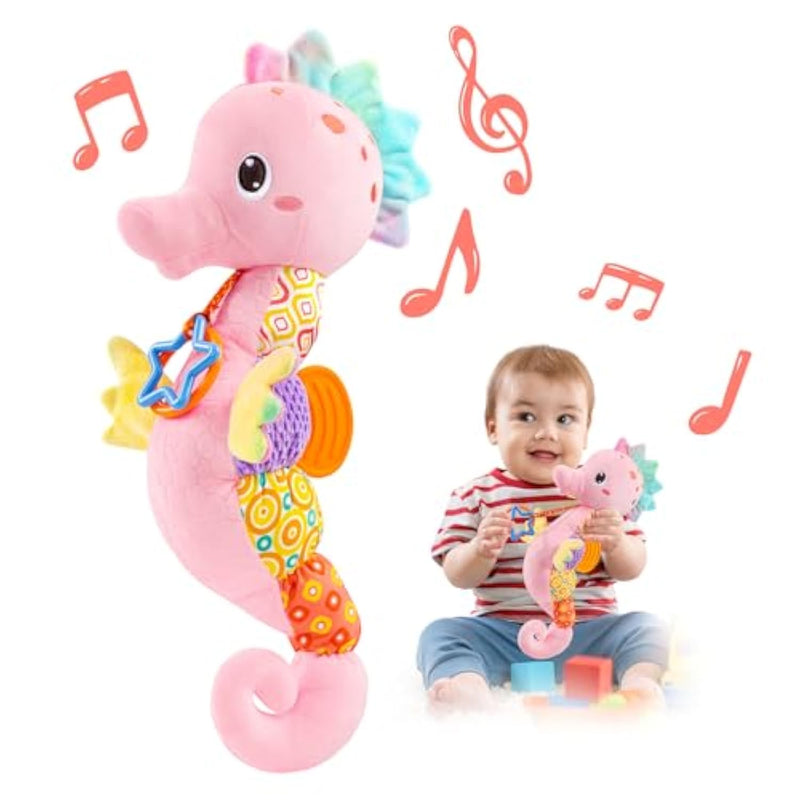 Baby Toys Musical Seahorse,Infant Stuffed Animal Toys With Crinkle And Rattles,Soft Sensory Toys With Textures For Tummy Time Newborn Boys Girls 0 3 6 12 Months(Pink)