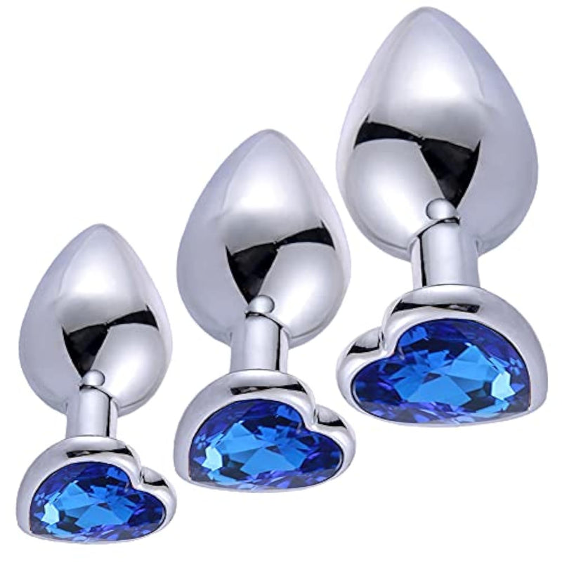 Anal Butt Plug Trainer Kit 3 Pcs Metal Anal Dilator With Different Sizes Adult Anal Sex Toys With Heart Shaped Jewelry Base For For Beginners Advanced Users (Deep Blue)