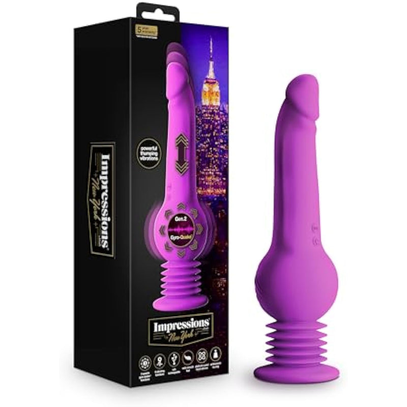 - Impressions New York Gyro-Quake 9.75 Inch Vibrating & Thrusting G Spot Dildo – 3 Thumping Speeds - 9 Vibration Modes - Platinum Cured Silicone - Accordion Suction Cup Base - Purple