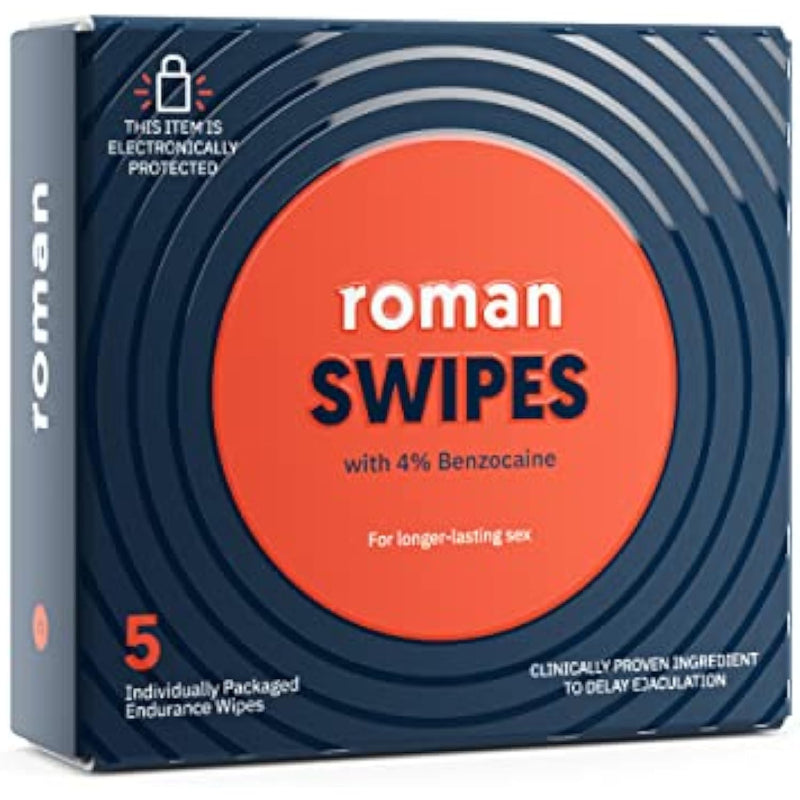 Roman Swipes | Fast-Acting, Convenient, Over-The-Counter Wipes Increase Stamina, Formulated with 4% Benzocaine, Features Discreet Packaging | 5-Pack