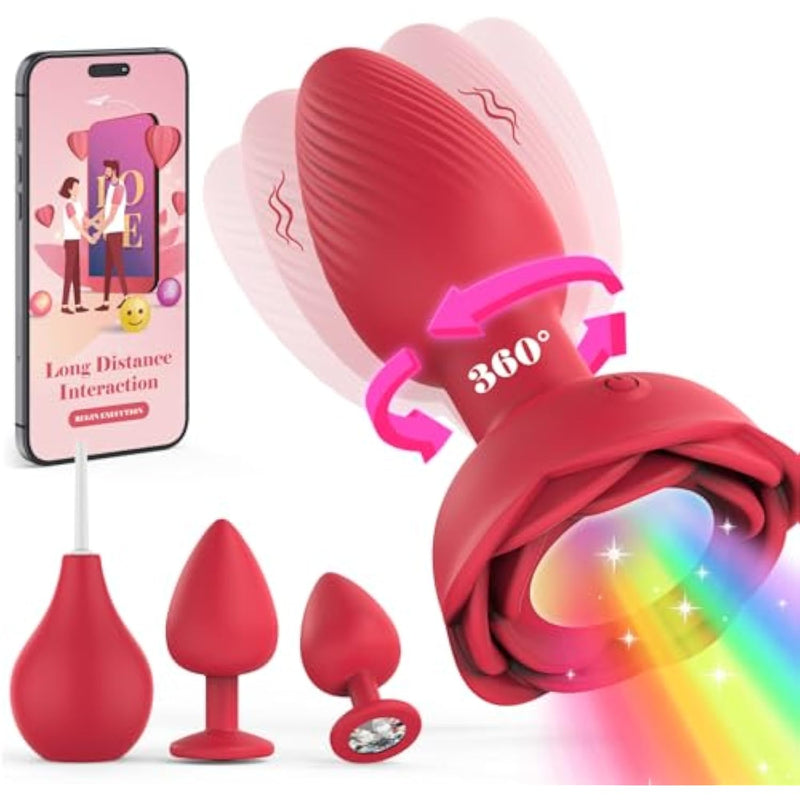 4Pcs App Remote Control Anal Plug, 9 Rotating & Vibration Modes, Vibrating Prostate Massager, Rose Light Up Butt Plug Toy For Women And Man Couples Sex Toys