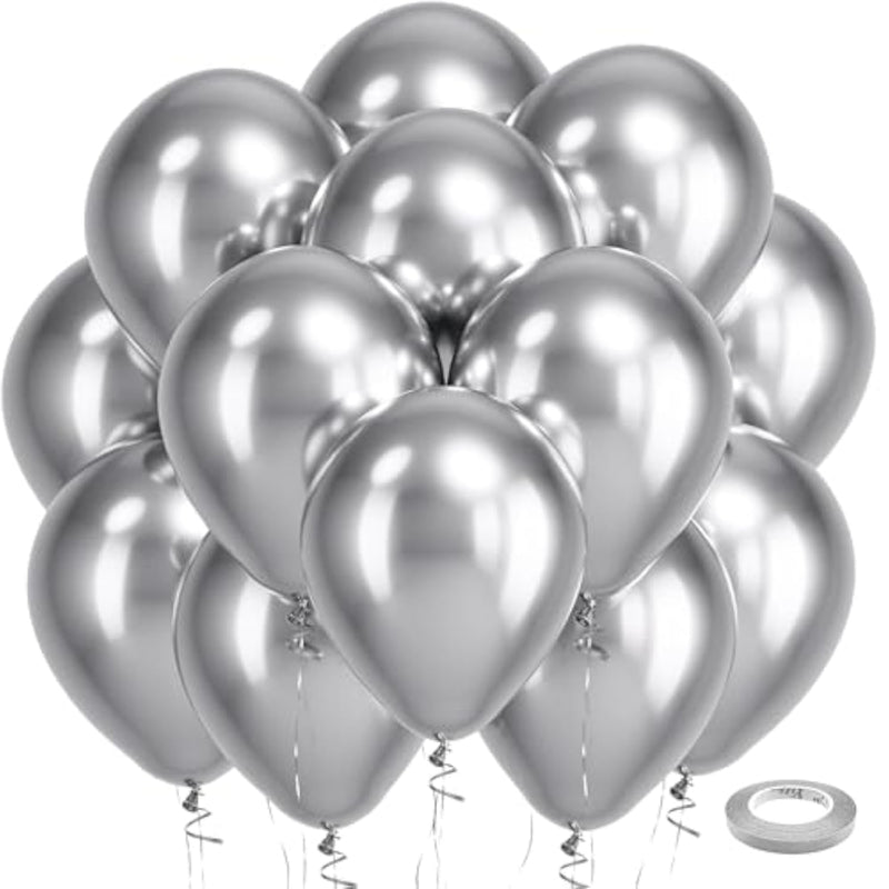 Silver Metallic Chrome Latex Round Helium Balloons 100 Pack 12 inch