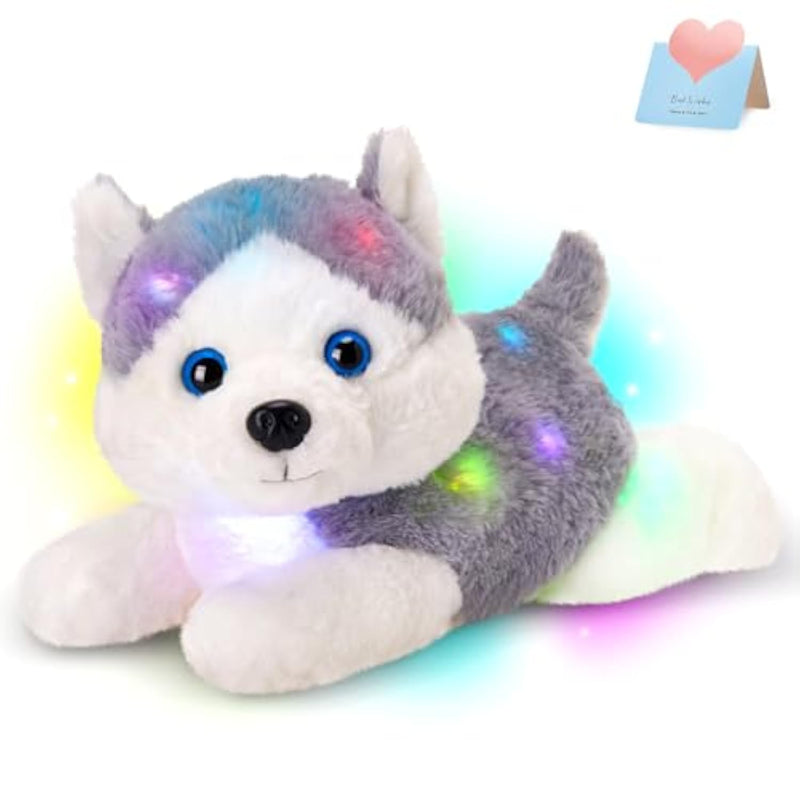 13'' Gray Light Up Husky Stuffed Animal Dog Soft Plush Night Light Puppy Toy Hugging Pillow Companion Holiday Christmas Birthday Present For Kids Boys Girls Toddlers