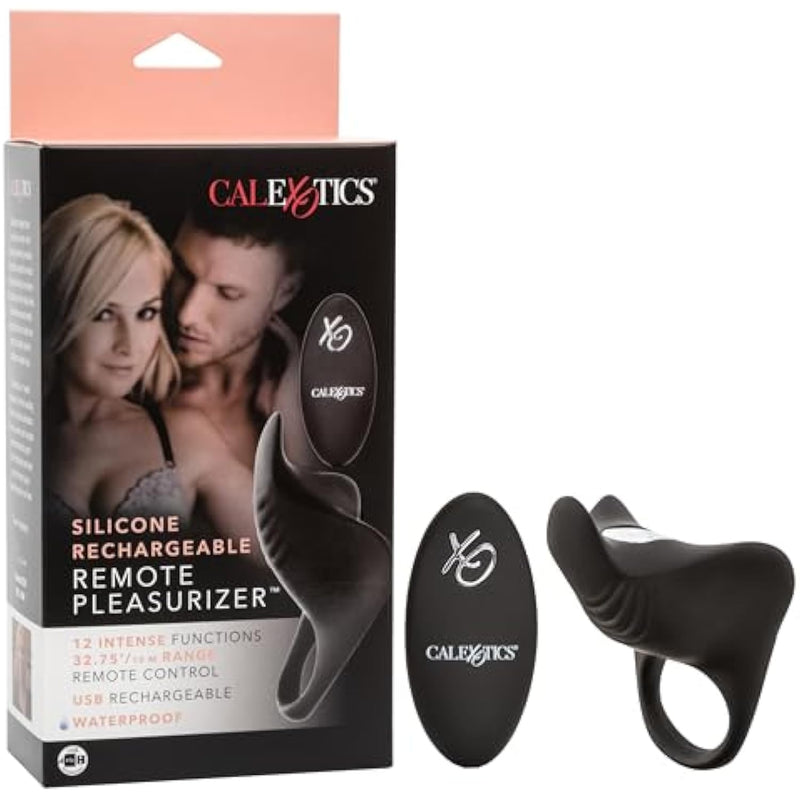 Silicone Rechargeable Remote Pleasurizer – 12 Function Vibrating Waterproof Pleasure Ring – Silicone Clitoral Massager Sex Toy For Couples - Black