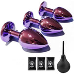 4Pcs Anal Plug Training Set-3 Crystal Jewel Anal Plugs Metal Anal Sex Adult Toy, 1Enema,Sex Toy Anal Training Kit For Beginner Adult Unisex Women And Men Couple(Deep Purple)