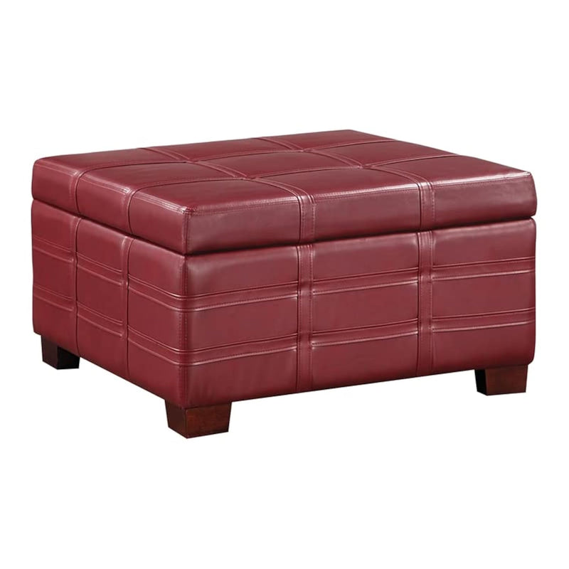 Detour Strap Square Storage Ottoman With Tray And Solid Wood Legs, Crimson Red