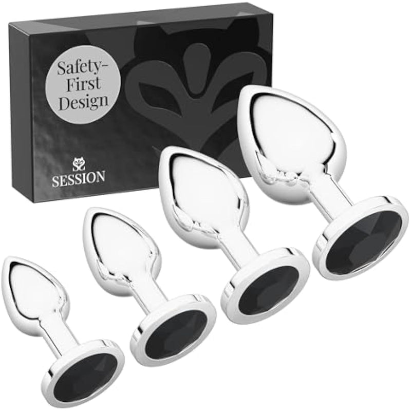 Jewel Butt Plug Beginner 4 Piece Set - Extra Small, Small, Medium, Large - Wide Base Prevents Slippage - Metal Anal Sex Adult Toy For Men & Women - Silver & Black - Circle Shaped Charm