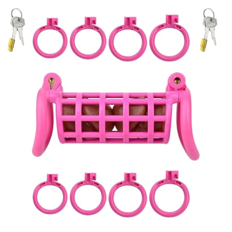 Resin Double Chastity Cage Set With Ring, Keys And Elastic Belts Sissy Cock Cage Bdsm Sex Toy For Men, Gay (Pink)