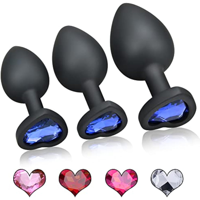 3 Pcs Anal Plug Silicone Heart Butt Plug Anal Butt Plug With 5 Colors Heart Crystal Replaceable Fantasy Sex Masturbation Anus Stimulation Anal Sex Toys For Male Female Couples Beginners