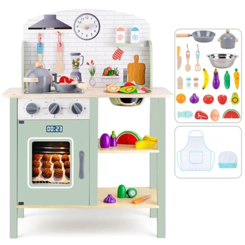 Wooden Play Kitchen For Toddlers 1-3, Kids Children Pretend Toy Kitchen Playset, Toys Kitchen With Realistic 24 Pieces Toy Accessory, Cutting Play Food Toys Gifts For Ages 3-8 Girls Boys
