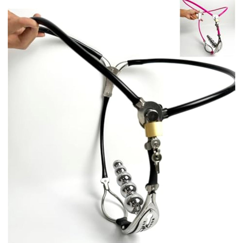 Female Stainless Steel Chastity Belt Invisible Adjustable Panties Device Lockable Underwear Bondage Briefs With Vaginal Plug (Black-B, 60-90Cm)