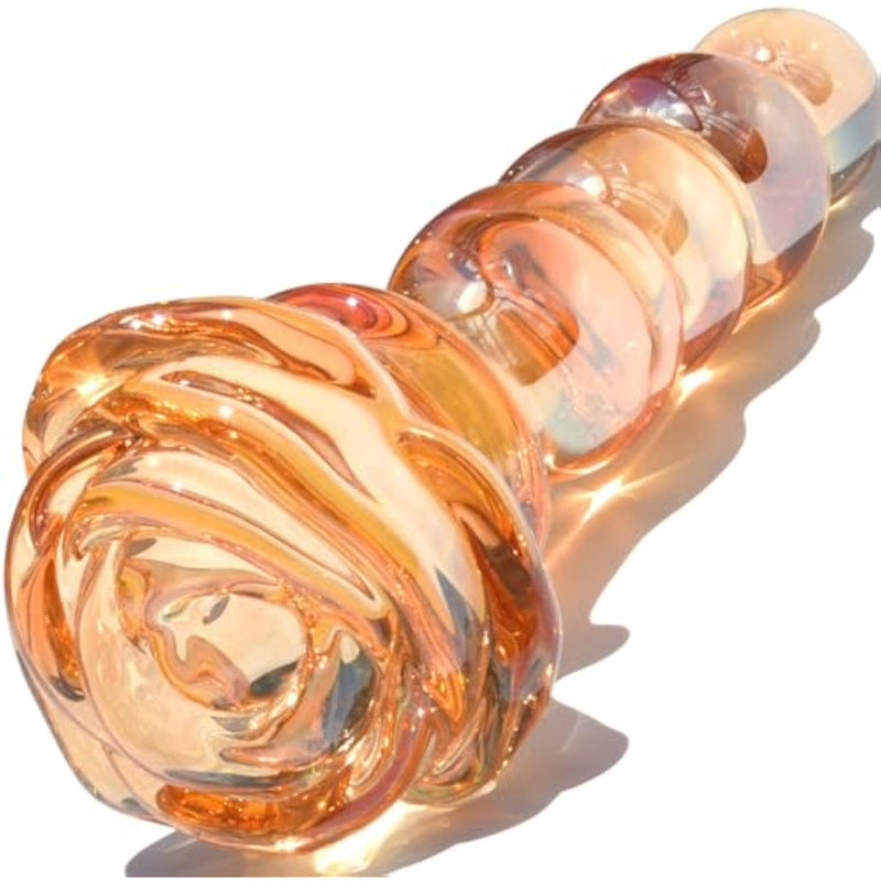 Glass Anal Beads Golden Butt Plug Prostate Massager With Long Neck, Rose Round Base And 4 Gradual Beads Fetish Bum Plug Anal Dilator Masturbation Sex Toy For Men Women, 5.59 X 1.14 Inch