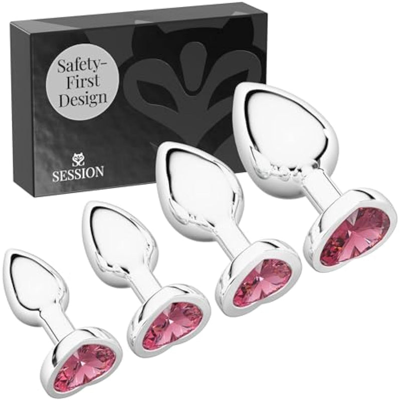 Jewel Butt Plug Beginner 4 Piece Set - Extra Small, Small, Medium, Large - Wide Base Prevents Slippage - Metal Anal Sex Adult Toy For Men & Women - Heart Shaped Charm (Silver & Pink)
